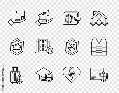 Set line Travel suitcase with shield, Delivery security, Wallet, Graduation cap, insurance, Fire burning house, Health and Life jacket icon. Vector