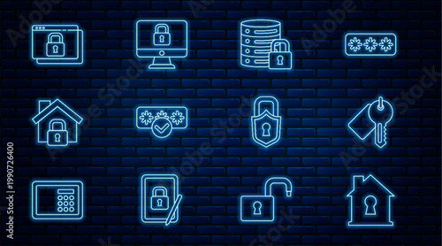Set line House under protection, Marked key, Server security with lock, Password, Secure your site HTTPS, SSL, Lock and computer monitor icon. Vector