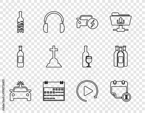 Set line Police car and flasher, Calendar clock, Electric, Bottle of wine, Tombstone with cross, Video play button and Bottles icon. Vector