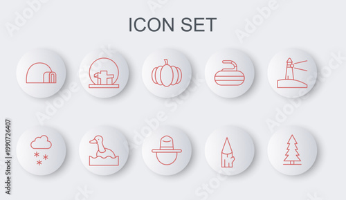 Set line Canadian spruce, Cloud with snow, Pumpkin, Wooden log, Igloo ice house, Montreal Biosphere, Flying duck and ranger hat icon. Vector