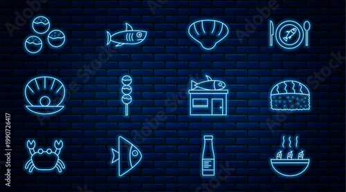Set line Soup with shrimps, Sushi, Scallop sea shell, Takoyaki on stick, Shell pearl, Seafood store and Shark icon. Vector
