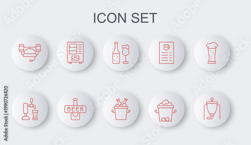Set line Beer brewing process, tap with glass, bottle and, Ice bucket, helmet, Vending machine, and bottles ice icon. Vector