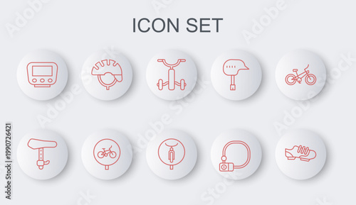 Set line Bicycle shoes, seat, for kids, lock, speedometer, helmet, and icon. Vector