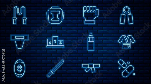 Set line Vitamin pill, Japanese costume Kimono, MMA glove, Award over sports winner podium, Groin guard, Jump rope, Punching bag and Boxing helmet icon. Vector