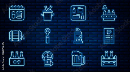 Set line Pack of beer bottles, Beer menu, Bottle opener, Wooden barrel on rack, Saint Patricks day calendar, and ice bucket icon. Vector