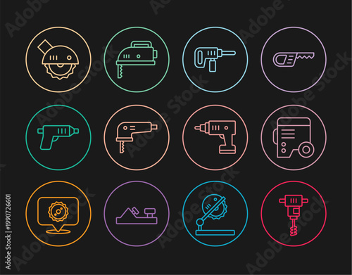 Set line Electrical hand concrete mixer, Power electric generator, drill machine, jigsaw, cordless screwdriver, circular, and icon. Vector