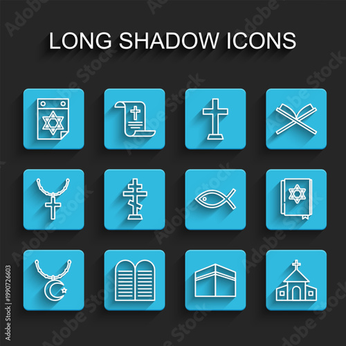Set line Star and crescent on chain, The commandments, Jewish calendar, Kaaba mosque, Church building, Christian cross, torah book and fish icon. Vector