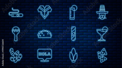 Set line Nachos, Margarita cocktail, Tequila glass with lemon, Taco tortilla, Maracas, Cigar, and Poncho icon. Vector