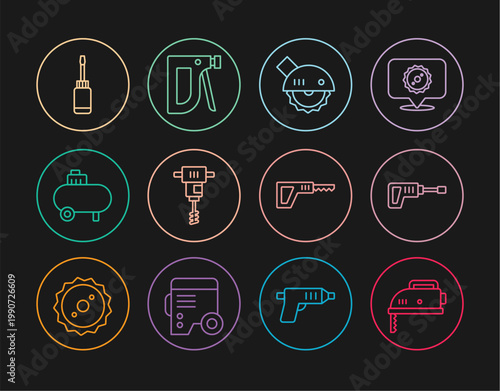 Set line Electric jigsaw, Rotary hammer drill machine, circular, Electrical hand concrete mixer, Air compressor, Screwdriver, Reciprocating and Construction stapler icon. Vector