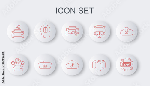 Set line Refund money, Car sharing, Aviation bombs, Head with low battery, Folder upload and Music streaming service icon. Vector