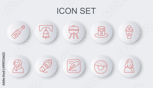Set line Benjamin Franklin, George Washington, Barbecue grill, Donut, Champagne bottle, Liberty bell Philadelphia, Firework and Declaration of independence icon. Vector