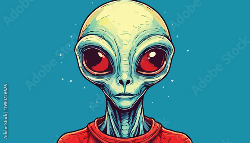 Detailed Illustration of an Alien Face with Large Red Eyes.