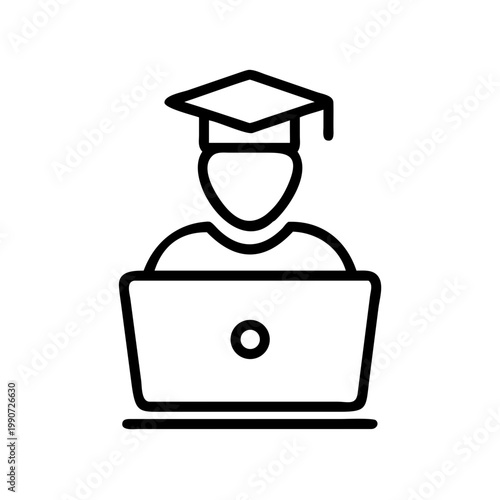 Student with graduation cap studying on laptop for online education and distance learning.