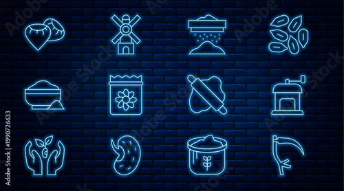 Set line Scythe, Manual coffee grinder, Sifting flour, Pack full seeds plant, Flour bowl, Seed, Rolling pin on dough and Windmill icon. Vector