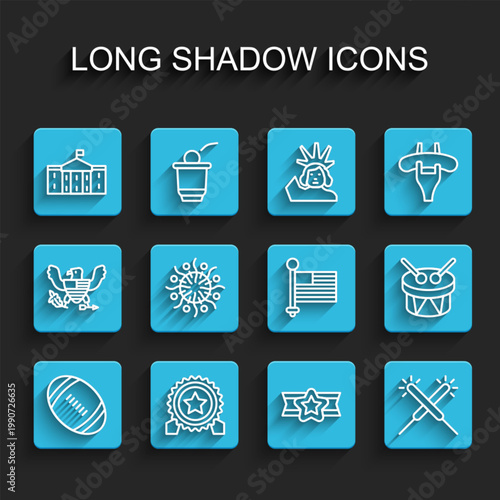 Set line American Football ball, Medal with star, United States Capitol Congress, Star military, Sparkler firework, Firework, Drum and drum sticks and flag icon. Vector