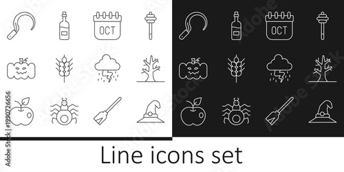 Set line Witch hat, Bare tree, October calendar autumn, Wheat, Pumpkin, Sickle, Storm and Bottle of wine icon. Vector