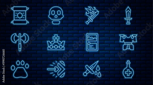 Set line Bottle with potion, Body armor, Sword for game, King crown, Medieval poleaxe, Decree, parchment, scroll, Card collection and Skull icon. Vector