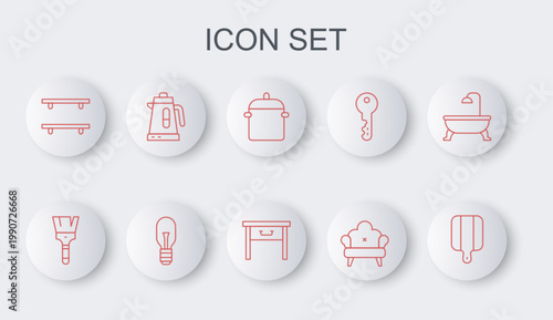 Set line Cutting board, Paint brush, Cooking pot, Sofa, Empty wooden shelves, Electric kettle, Light bulb and Furniture nightstand icon. Vector