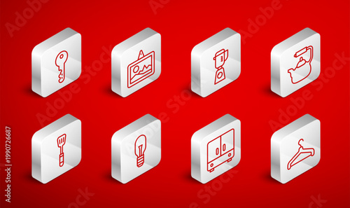 Set line Hanger wardrobe, Picture, Blender, Kettle with handle, Wardrobe, House key, Light bulb and Spatula icon. Vector