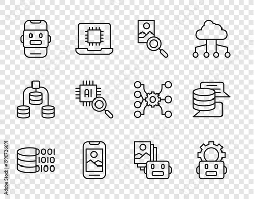 Set line Binary code, Robot setting, Photo retouching, Mobile phone, Chat, Processor CPU, Artificial intelligence robot and Server, Data icon. Vector