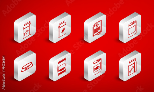 Set line Bag of food for pet, cat, Certificate dog, Canned, and Pet bowl icon. Vector