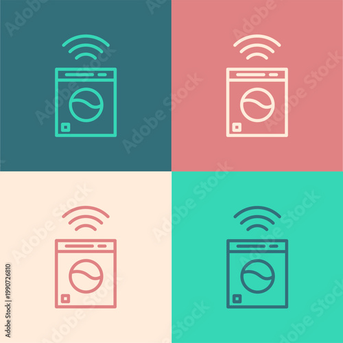Pop art line Smart washer system icon isolated on color background. Washing machine icon. Internet of things concept with wireless connection. Vector