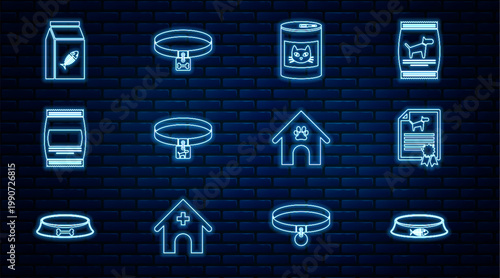 Set line Pet food bowl, Certificate for dog or cat, Canned, Dog collar, Bag of, house and paw print pet and icon. Vector