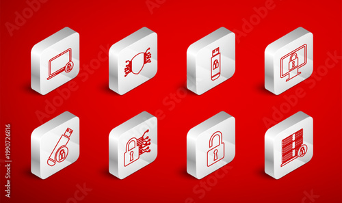 Set line Server security with lock, Cyber, USB flash drive, Lock on monitor, Open padlock, Laptop and, and icon. Vector