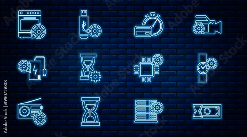 Set line Fast payments, Wrist watch setting, Hourglass, Power bank, Oven, Processor and USB flash drive icon. Vector