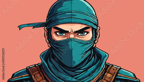 Intense Ninja Warrior Portrait with Piercing Gaze and Teal Mask.