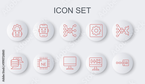 Set line Binary code, Server, Data, Neural network, Algorithm, Robot setting, Chat, Processor CPU and Computer monitor icon. Vector