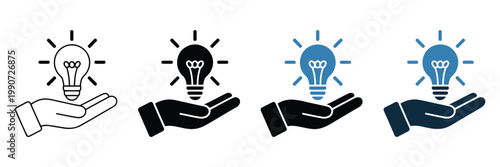 Light bulb idea above hand icons in outline and solid duotone styles