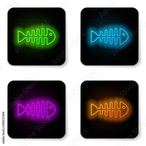 Glowing neon line Fish skeleton icon isolated on white background. Fish bone sign. Black square button. Vector