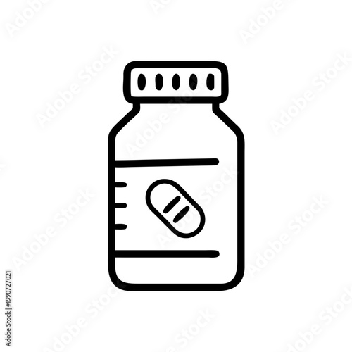 Supplement bottle outline icon on transparent background for health and wellness designs.