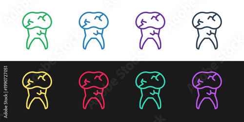Set line Tooth with caries icon isolated on black and white background. Tooth decay. Vector