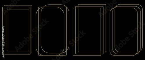 Thin golden frame set. Gold geometric border collection in art deco style. Thin linear shining rectangular shape bundle. Brass glowing shiny boarder element pack for photo, cadre, poster, card. Vector