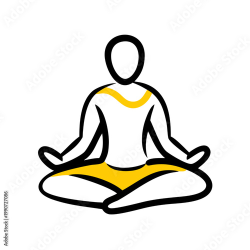 Minimalist brush stroke yoga person icon with yellow accents for holistic health and balance.