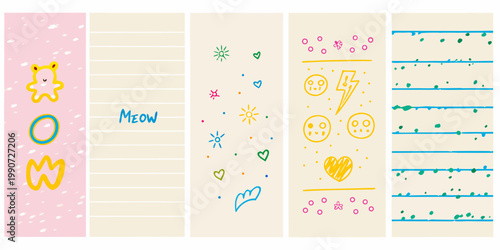 Colorful doodle art panels with whimsical illustrations and handwritten text