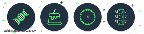 Set line Pudding custard, Circular saw blade, DNA symbol and Traffic light icon. Vector