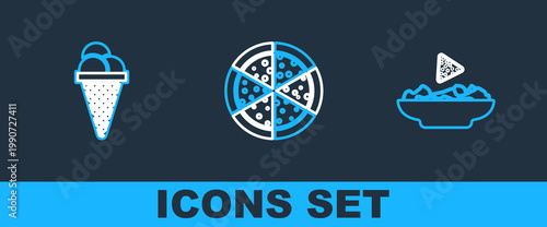 Set line Nachos in plate, Ice cream waffle cone and Pizza icon. Vector