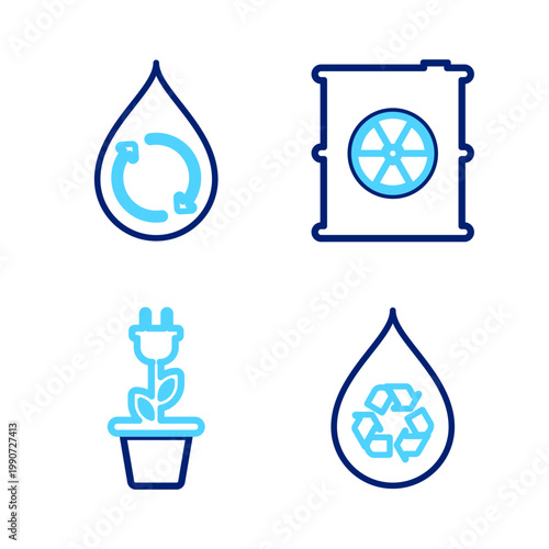 Set line Recycle clean aqua, Electric saving plug in pot, Radioactive waste barrel and icon. Vector