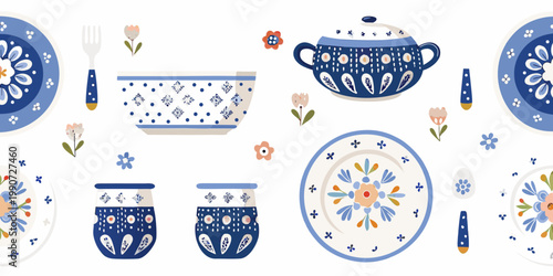 Blue and white patterned dinnerware and floral arrangements on a white background