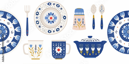 A collection of blue and white patterned ceramic tableware on white