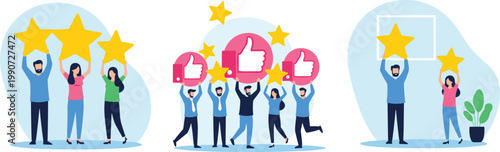 Customer Satisfaction and Feedback Concept Set with People Holding Stars and Like Icons for Rating Review Quality Service Flat Vector Illustration