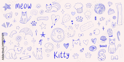 A playful doodle collection featuring cats sweets and various whimsical elements