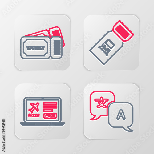 Set line Translator, Laptop with ticket, Train and Ticket icon. Vector