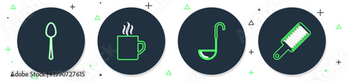 Set line Coffee cup, Kitchen ladle, Spoon and Grater icon. Vector