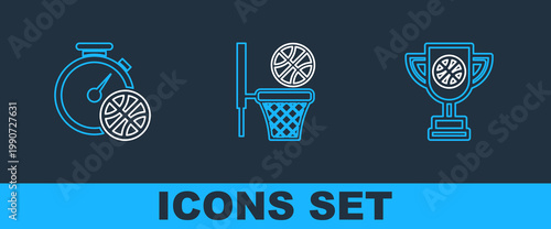 Set line Award cup with basketball ball, Clock and Basketball backboard icon. Vector