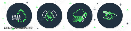 Set line Water drop percentage, Cloud with rain and lightning, and Fog sun icon. Vector