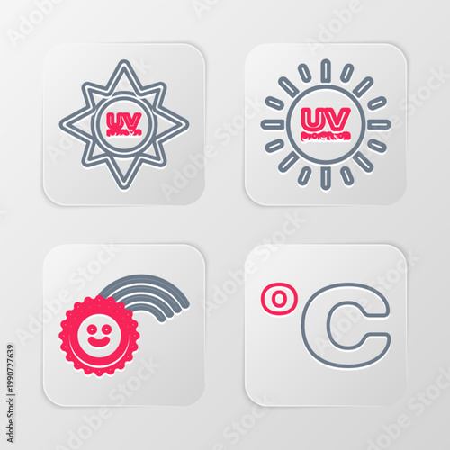 Set line Celsius, Rainbow with sun, UV protection and icon. Vector